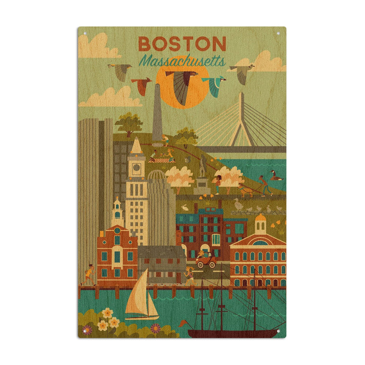 Boston, Massachusetts, Geometric City Series, Lantern Press Artwork, Wood Signs and Postcards Wood Lantern Press 10 x 15 Wood Sign 