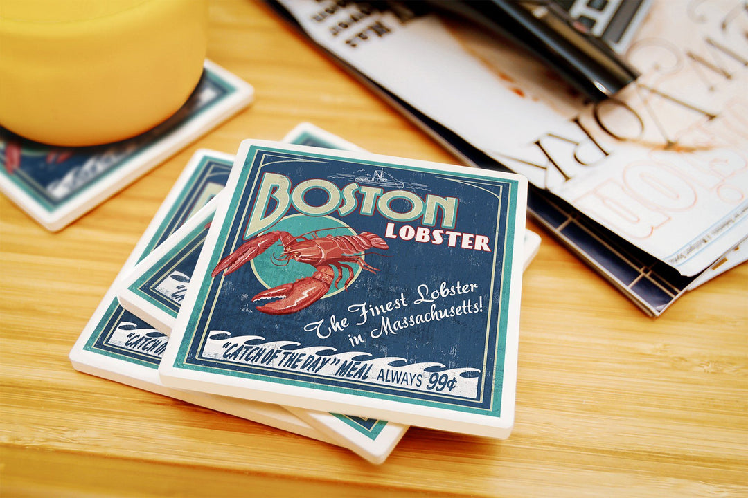 Boston, Massachusetts, Lobster Vintage Sign, Lantern Press Artwork, Coaster Set Coasters Lantern Press 