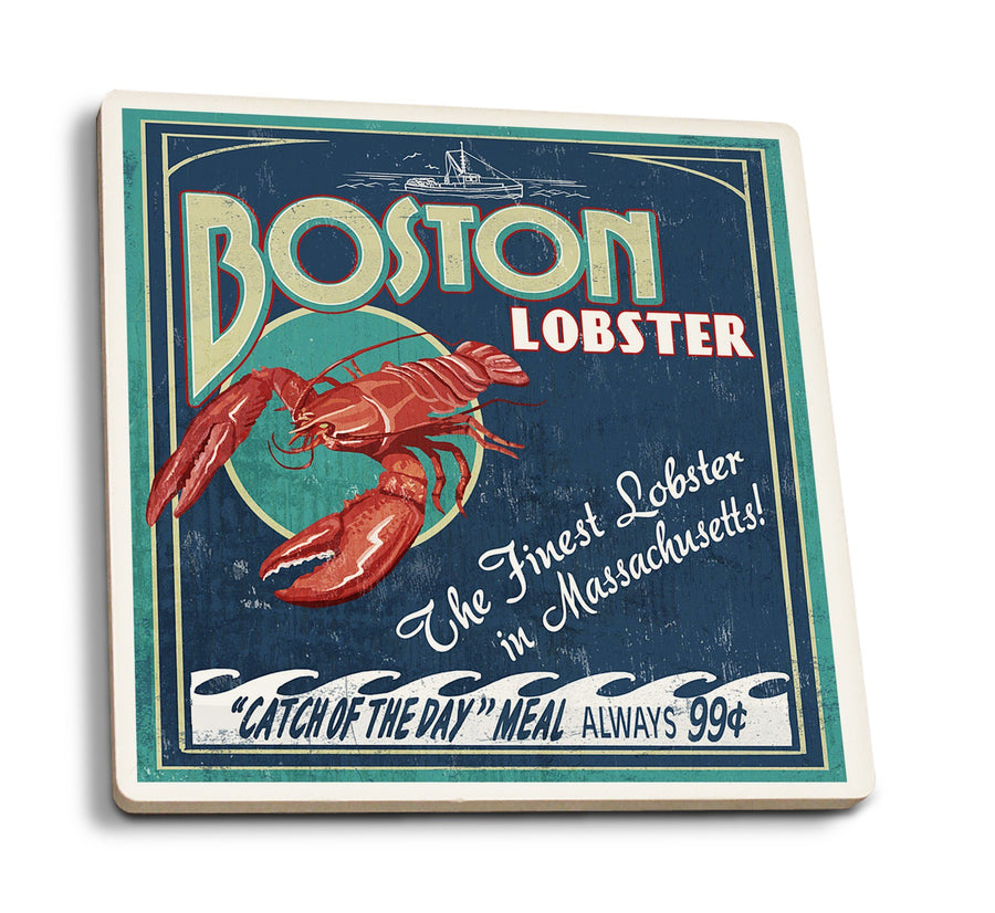 Boston, Massachusetts, Lobster Vintage Sign, Lantern Press Artwork, Coaster Set Coasters Lantern Press 