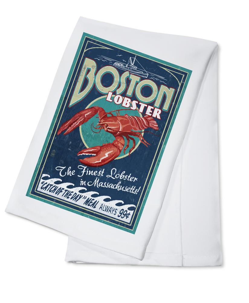 Boston, Massachusetts, Lobster Vintage Sign, Lantern Press Artwork, Towels and Aprons Kitchen Lantern Press Cotton Towel 