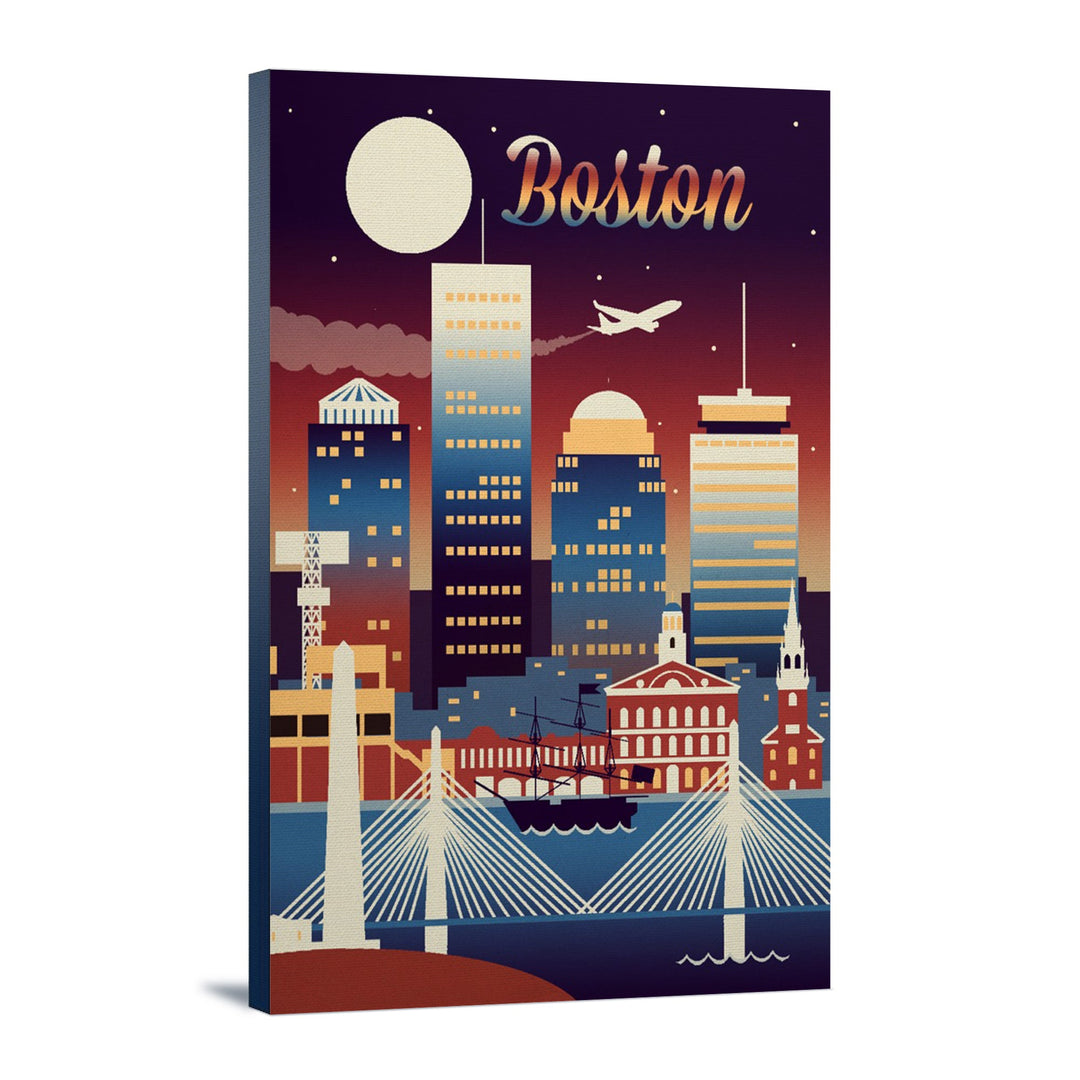 Boston, Massachusetts, Retro Skyline Chromatic Series, Lantern Press Artwork, Stretched Canvas Canvas Lantern Press 12x18 Stretched Canvas 