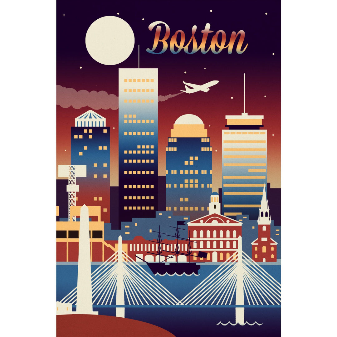 Boston, Massachusetts, Retro Skyline Chromatic Series, Lantern Press Artwork, Towels and Aprons Kitchen Lantern Press 
