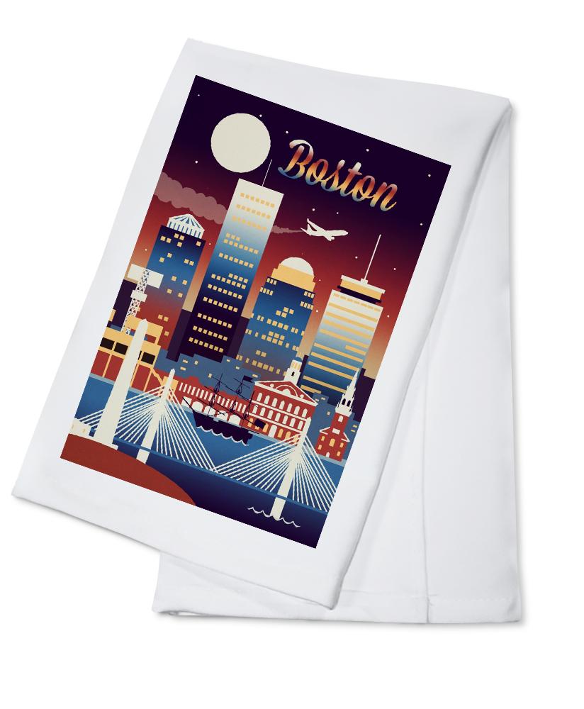 Boston, Massachusetts, Retro Skyline Chromatic Series, Organic Cotton Kitchen Tea Towels - Lantern Press