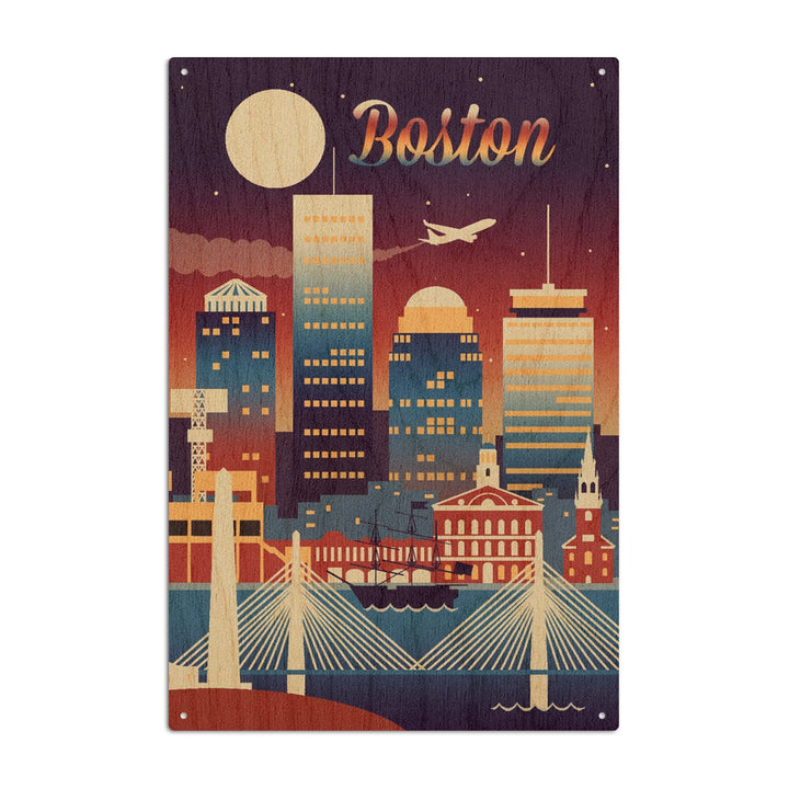 Boston, Massachusetts, Retro Skyline Chromatic Series, Lantern Press Artwork, Wood Signs and Postcards Wood Lantern Press 10 x 15 Wood Sign 