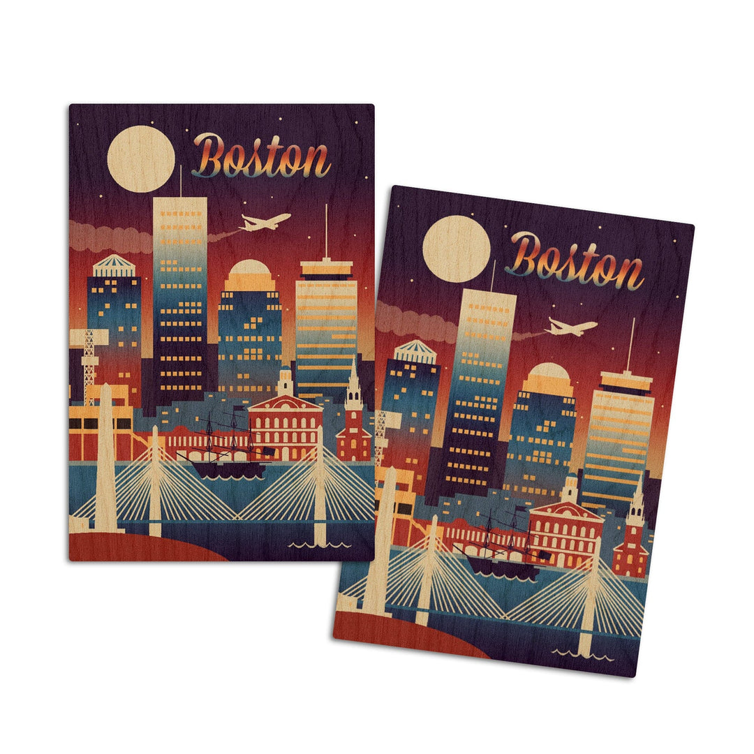 Boston, Massachusetts, Retro Skyline Chromatic Series, Lantern Press Artwork, Wood Signs and Postcards Wood Lantern Press 4x6 Wood Postcard Set 