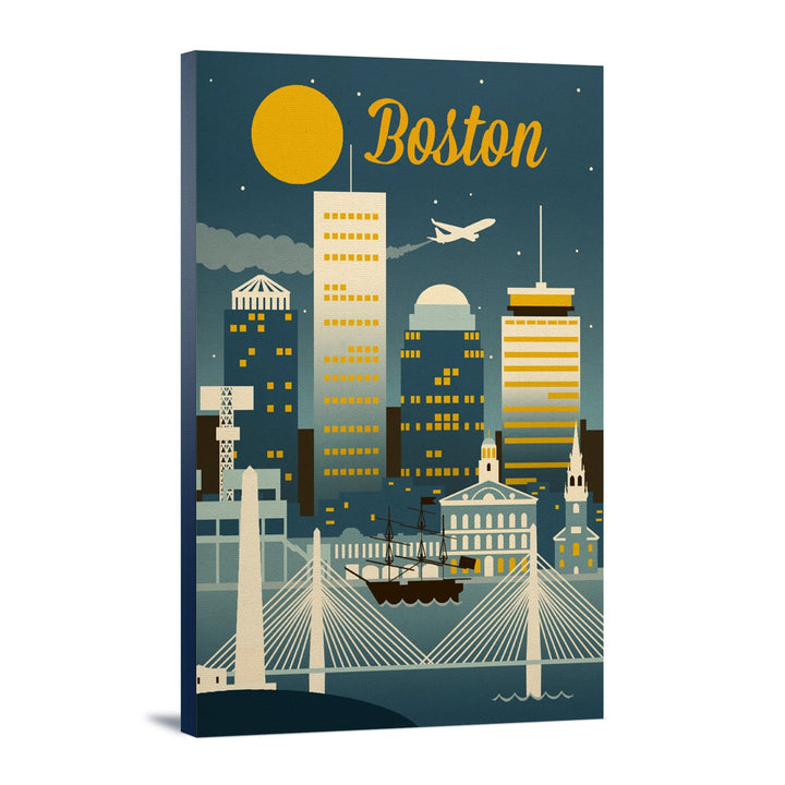 Boston, Massachusetts, Retro Skyline Classic, Lantern Press Artwork, Stretched Canvas Canvas Lantern Press 12x18 Stretched Canvas 