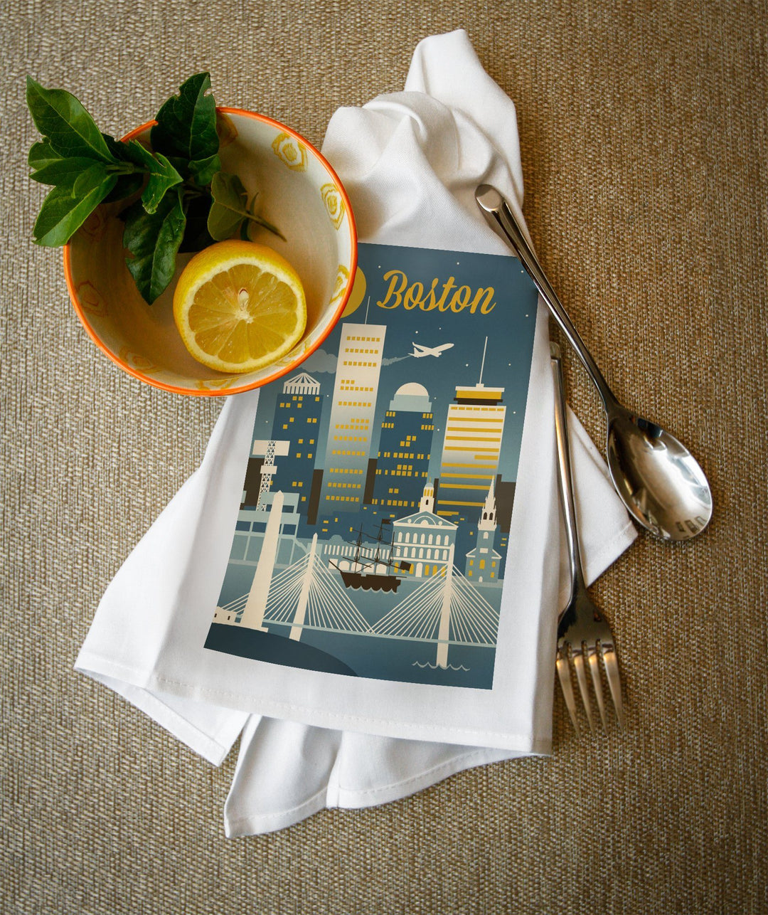 Boston, Massachusetts, Retro Skyline Classic, Organic Cotton Kitchen Tea Towels - Lantern Press