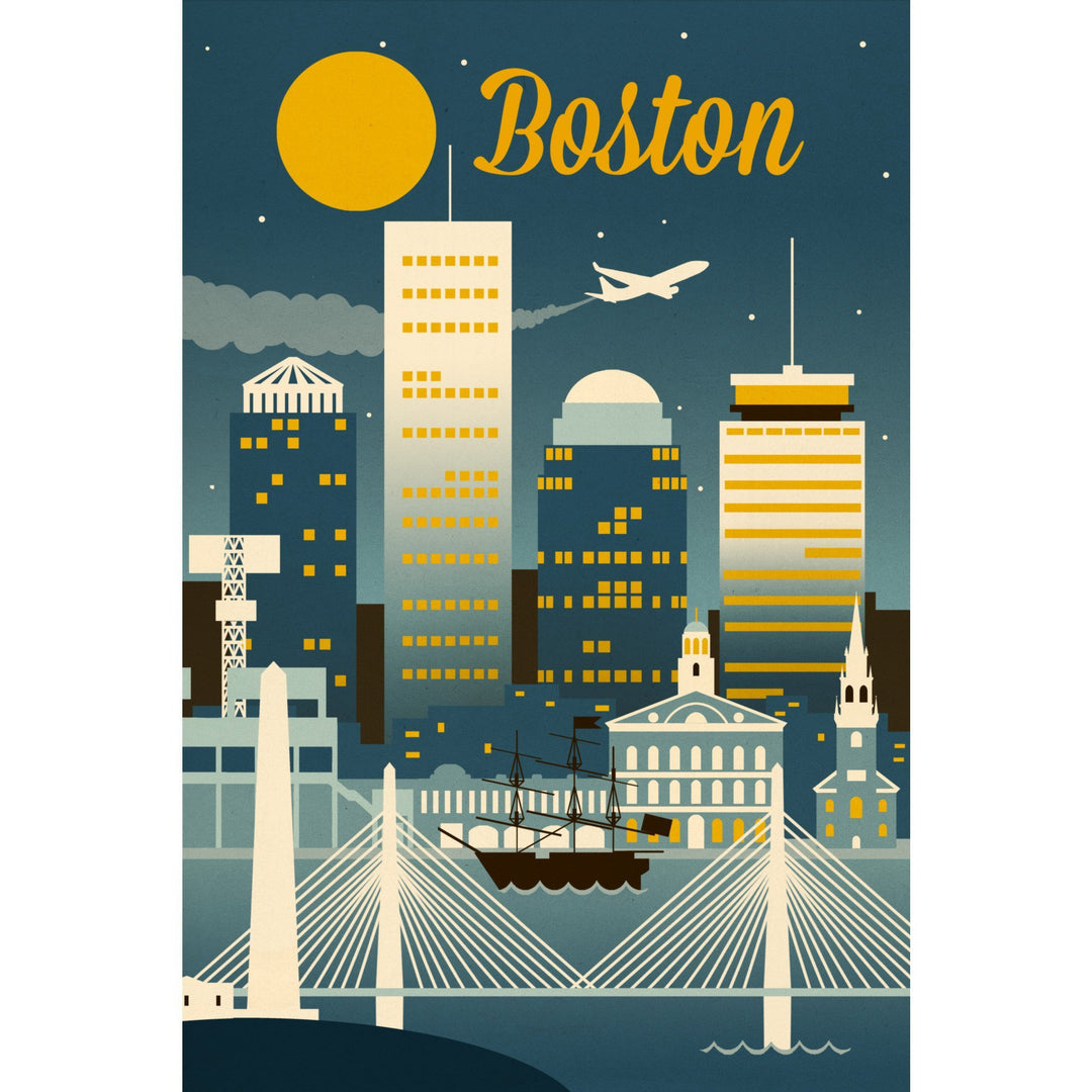 Boston, Massachusetts, Retro Skyline Classic, Organic Cotton Kitchen Tea Towels - Lantern Press