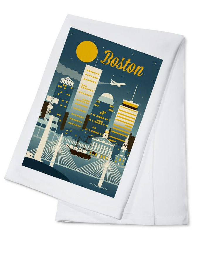 Boston, Massachusetts, Retro Skyline Classic, Organic Cotton Kitchen Tea Towels - Lantern Press