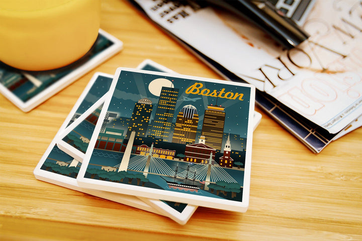 Boston, Massachusetts, Retro Skyline, Lantern Press Artwork, Coaster Set Coasters Lantern Press 