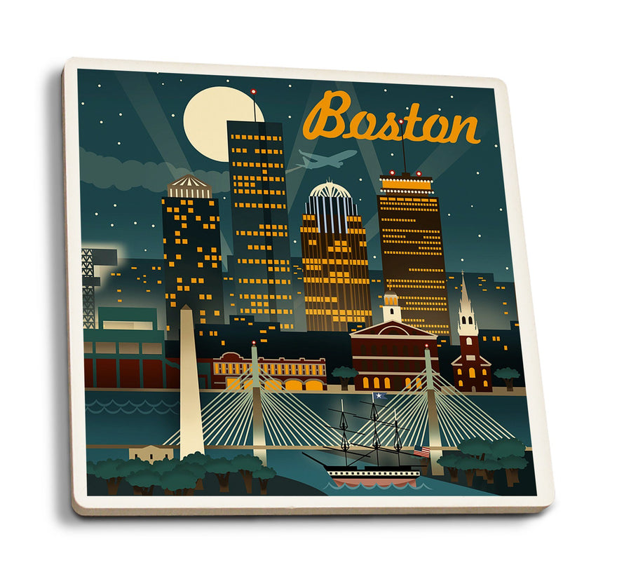 Boston, Massachusetts, Retro Skyline, Lantern Press Artwork, Coaster Set Coasters Lantern Press 