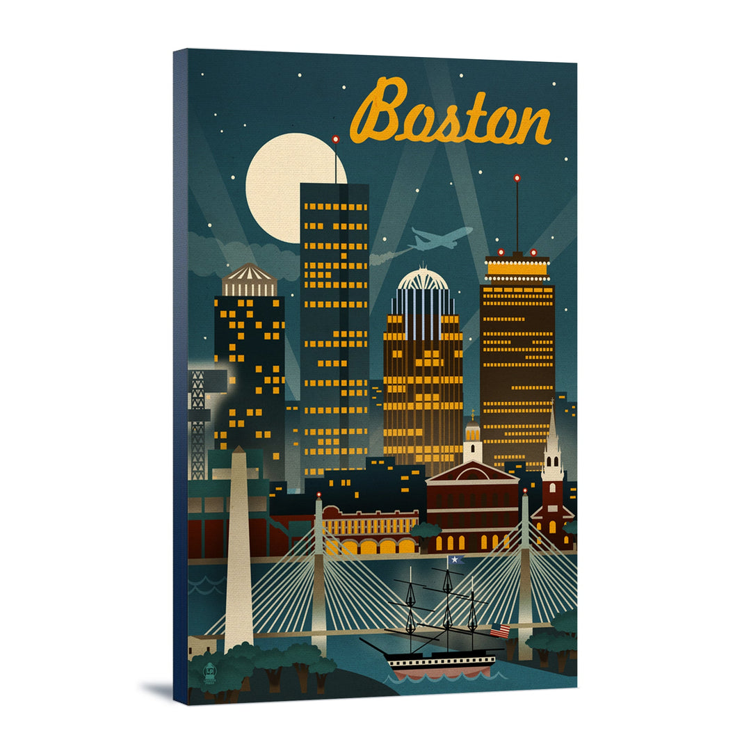 Boston, Massachusetts, Retro Skyline, Lantern Press Artwork, Stretched Canvas Canvas Lantern Press 12x18 Stretched Canvas 