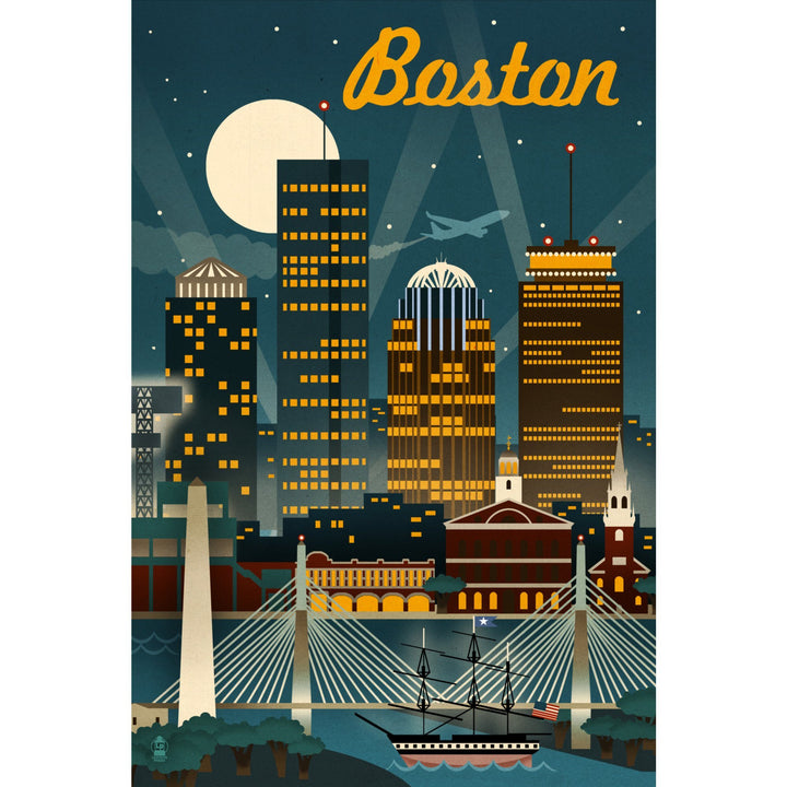 Boston, Massachusetts, Retro Skyline, Lantern Press Artwork, Stretched Canvas Canvas Lantern Press 