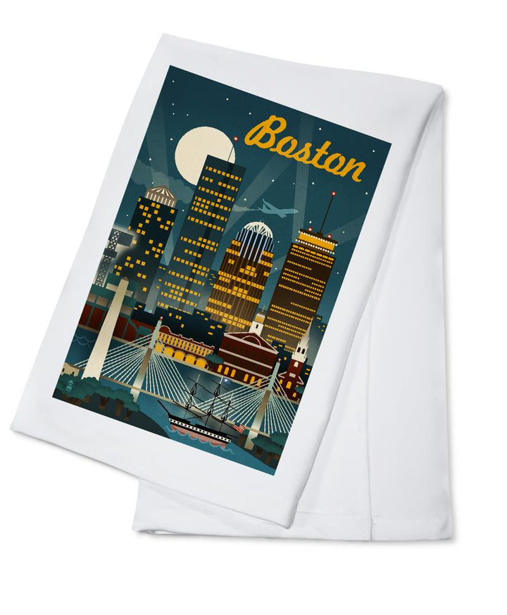 Boston, Massachusetts, Retro Skyline, Lantern Press Artwork, Towels and Aprons Kitchen Lantern Press Cotton Towel 