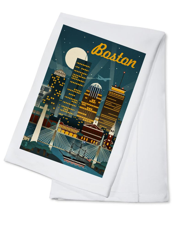 Boston, Massachusetts, Retro Skyline, Organic Cotton Kitchen Tea Towels - Lantern Press