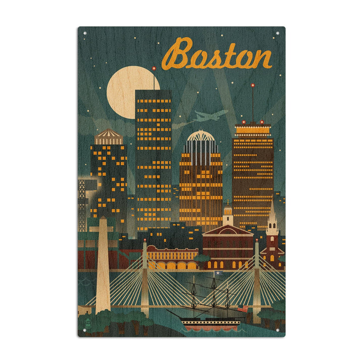 Boston, Massachusetts, Retro Skyline, Lantern Press Artwork, Wood Signs and Postcards Wood Lantern Press 10 x 15 Wood Sign 