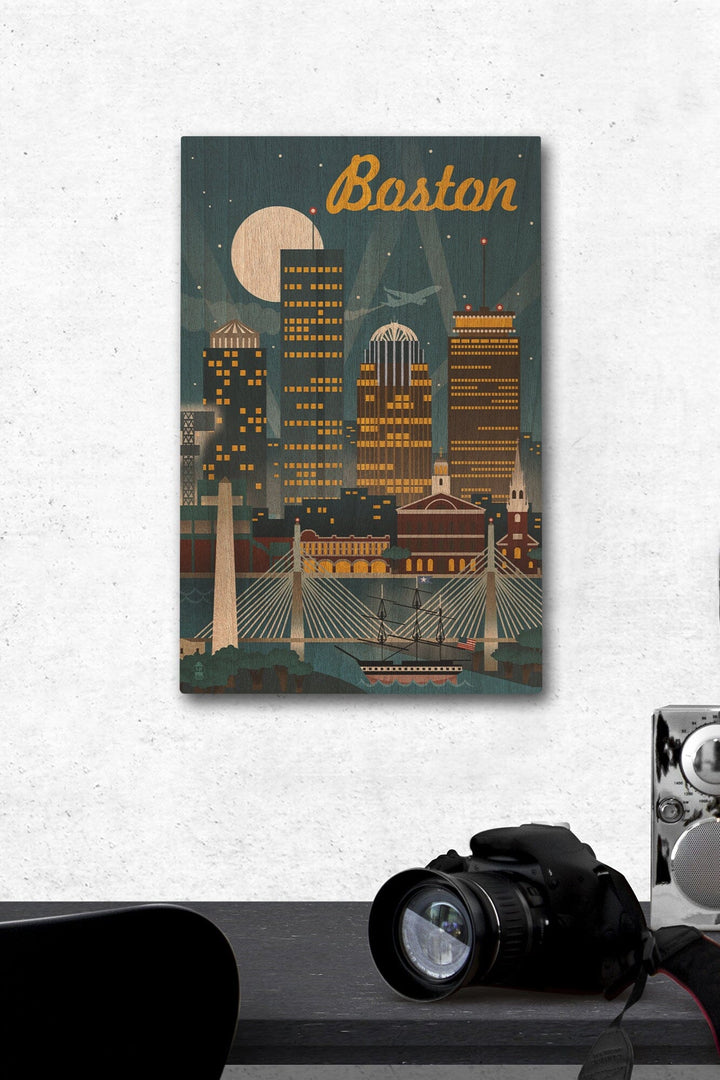 Boston, Massachusetts, Retro Skyline, Lantern Press Artwork, Wood Signs and Postcards Wood Lantern Press 12 x 18 Wood Gallery Print 