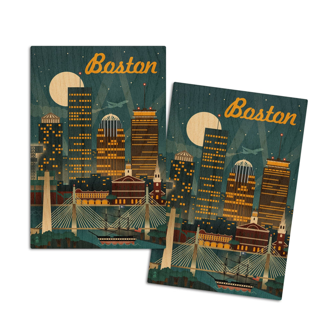 Boston, Massachusetts, Retro Skyline, Lantern Press Artwork, Wood Signs and Postcards Wood Lantern Press 4x6 Wood Postcard Set 
