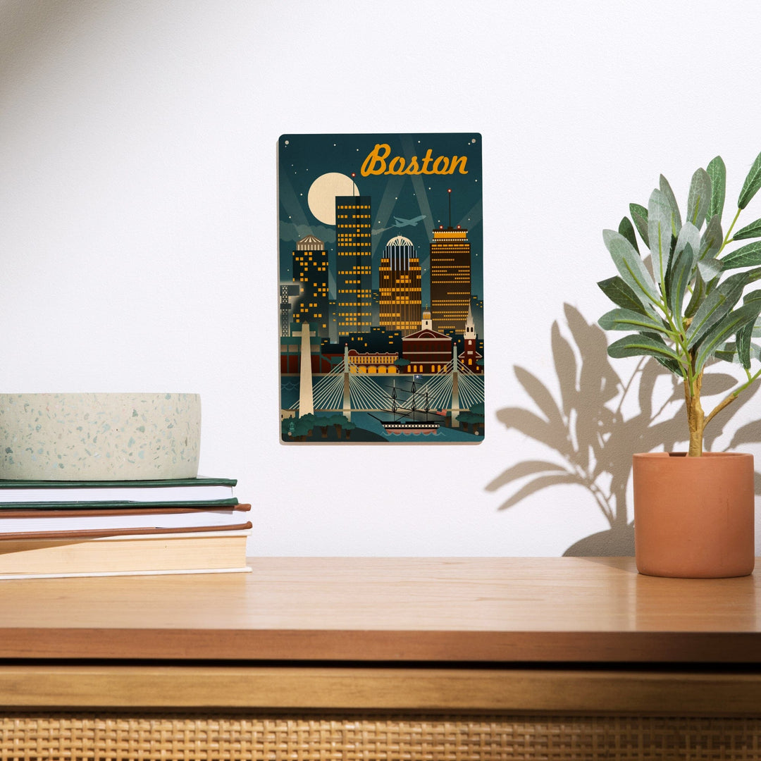 Boston, Massachusetts, Retro Skyline, Lantern Press Artwork, Wood Signs and Postcards Wood Lantern Press 