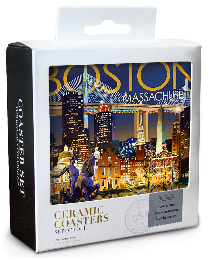Boston, Massachusetts, Skyline at Night, Lantern Press Artwork, Coaster Set Coasters Lantern Press 