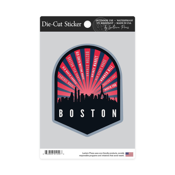 Boston, Massachusetts, Skyline & rays, Contour, Lantern Press Artwork, Vinyl Sticker Sticker Lantern Press 