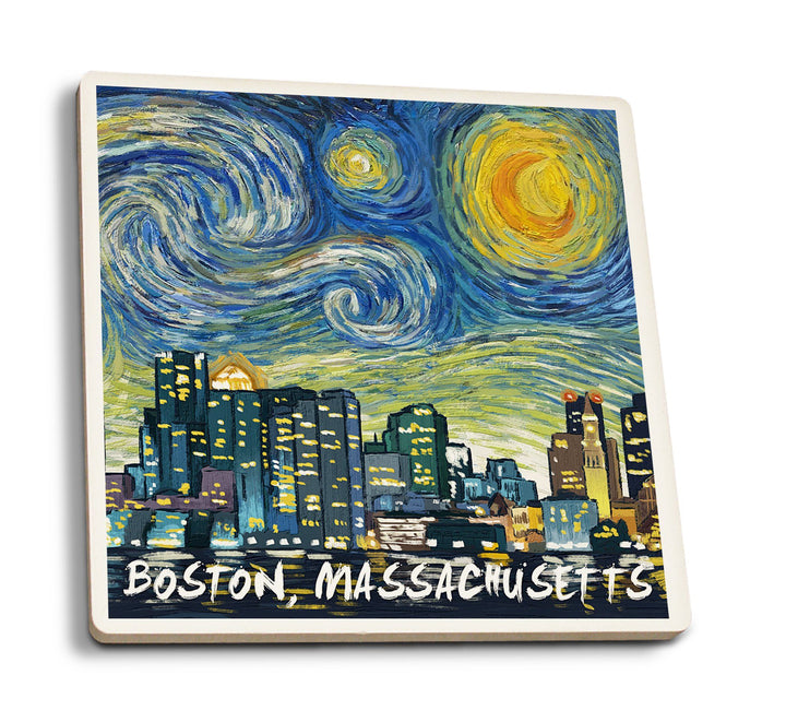 Boston, Massachusetts, Starry Night City Series, Lantern Press Artwork, Coaster Set Coasters Lantern Press 