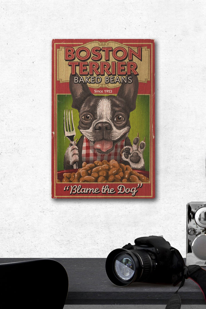 Boston Terrier, Retro Baked Beans Ad, Lantern Press Artwork, Wood Signs and Postcards Wood Lantern Press 12 x 18 Wood Gallery Print 