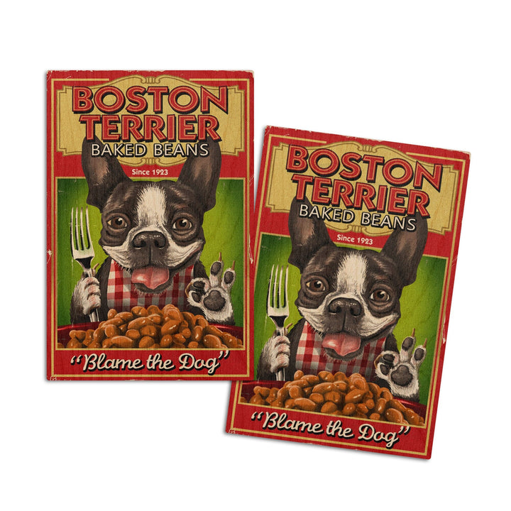 Boston Terrier, Retro Baked Beans Ad, Lantern Press Artwork, Wood Signs and Postcards Wood Lantern Press 4x6 Wood Postcard Set 