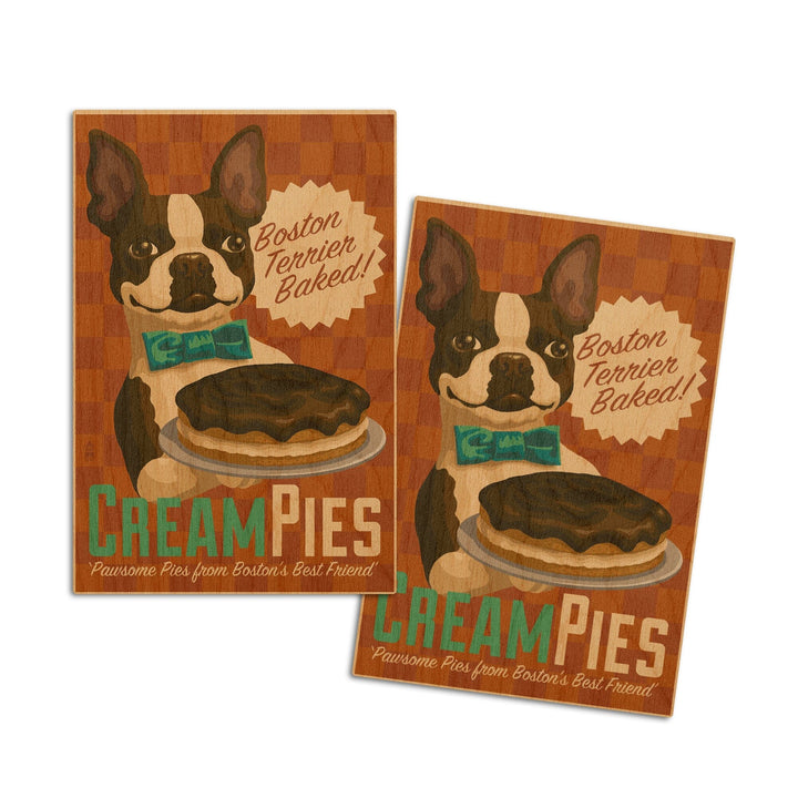 Boston Terrier, Retro Cream Pie Ad, Lantern Press Artwork, Wood Signs and Postcards Wood Lantern Press 4x6 Wood Postcard Set 