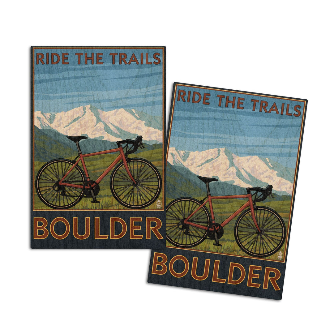 Boulder, Colorado, Mountain Bike, Lantern Press Artwork, Wood Signs and Postcards Wood Lantern Press 4x6 Wood Postcard Set 