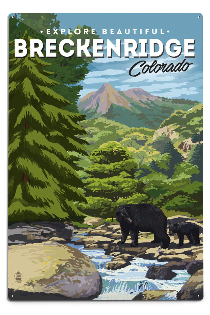 Breckenridge, Colorado, Bear Family & Creek, Lantern Press Artwork, Art Prints and Metal Signs Art Lantern Press 