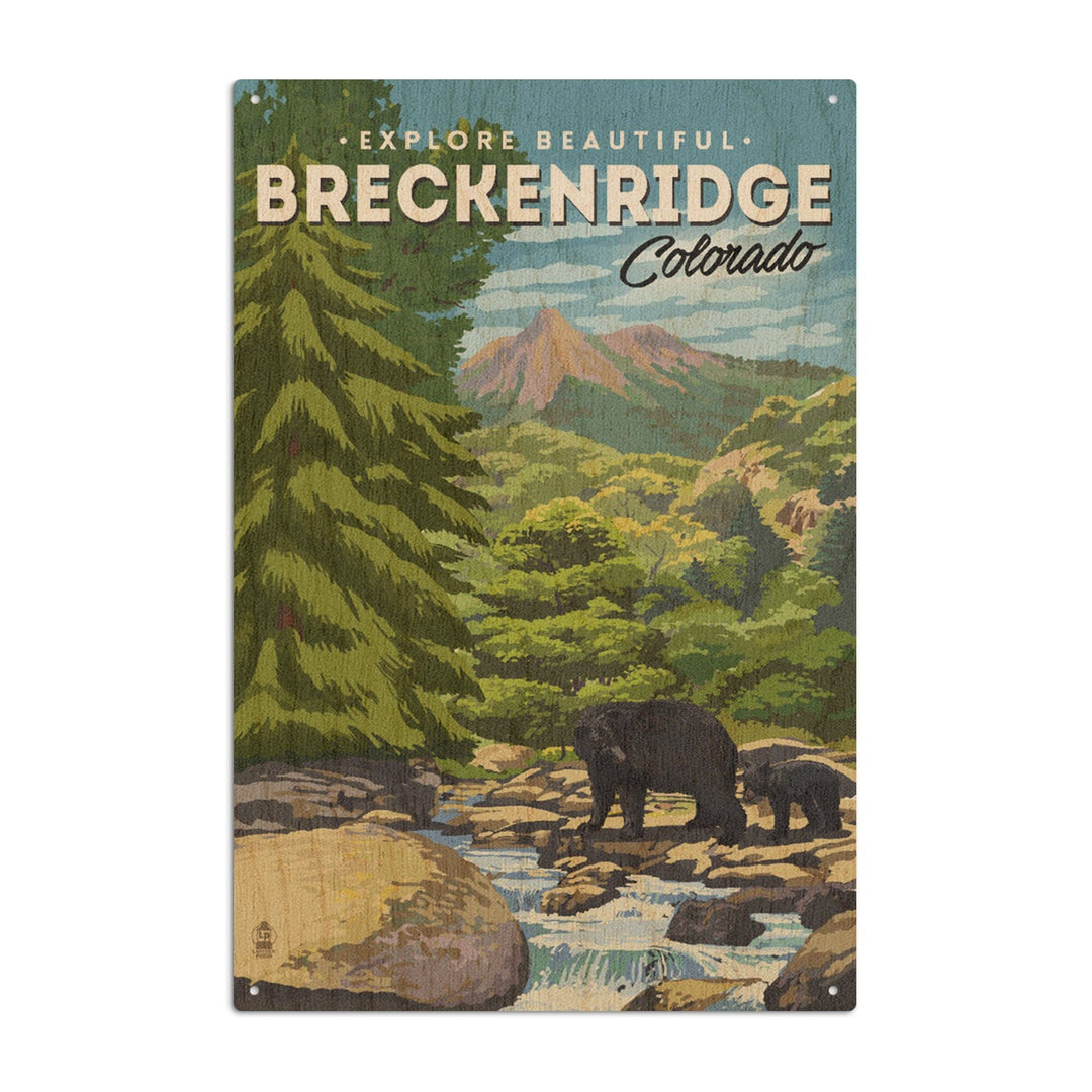 Breckenridge, Colorado, Bear Family & Creek, Lantern Press Artwork, Wood Signs and Postcards Wood Lantern Press 10 x 15 Wood Sign 