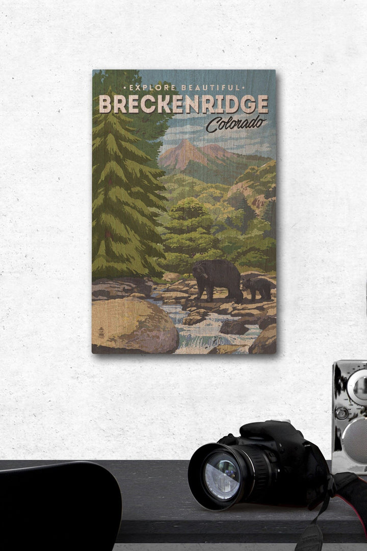 Breckenridge, Colorado, Bear Family & Creek, Lantern Press Artwork, Wood Signs and Postcards Wood Lantern Press 12 x 18 Wood Gallery Print 