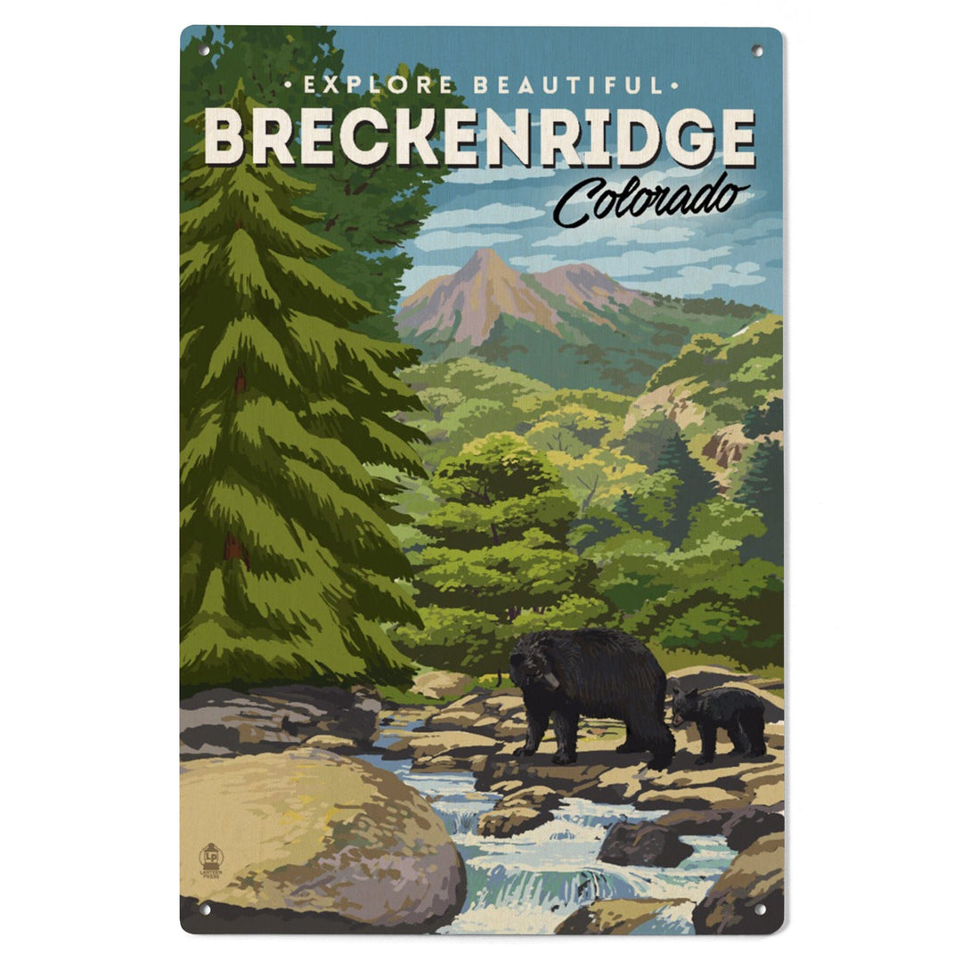 Breckenridge, Colorado, Bear Family & Creek, Lantern Press Artwork, Wood Signs and Postcards Wood Lantern Press 