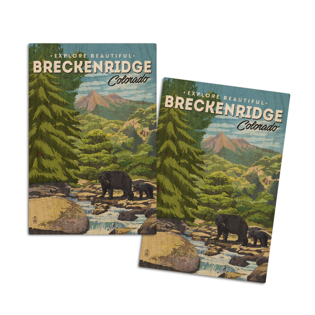 Breckenridge, Colorado, Bear Family & Creek, Lantern Press Artwork, Wood Signs and Postcards Wood Lantern Press 4x6 Wood Postcard Set 