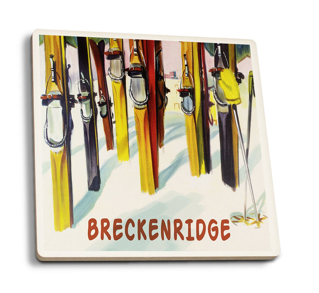 Breckenridge, Colorado, Colorful Skis, Lantern Press Artwork, Coaster Set Coasters Lantern Press 