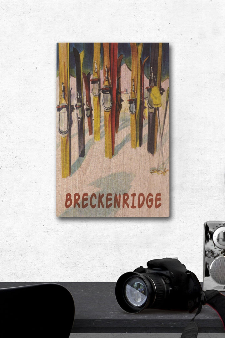 Breckenridge, Colorado, Colorful Skis, Lantern Press Artwork, Wood Signs and Postcards Wood Lantern Press 12 x 18 Wood Gallery Print 