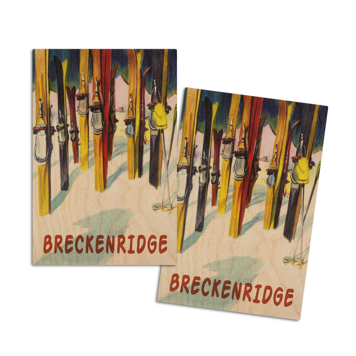 Breckenridge, Colorado, Colorful Skis, Lantern Press Artwork, Wood Signs and Postcards Wood Lantern Press 4x6 Wood Postcard Set 