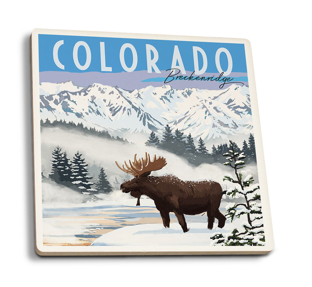 Breckenridge, Colorado, Moose, Winter Scene, Lantern Press Artwork, Coaster Set Coasters Lantern Press 