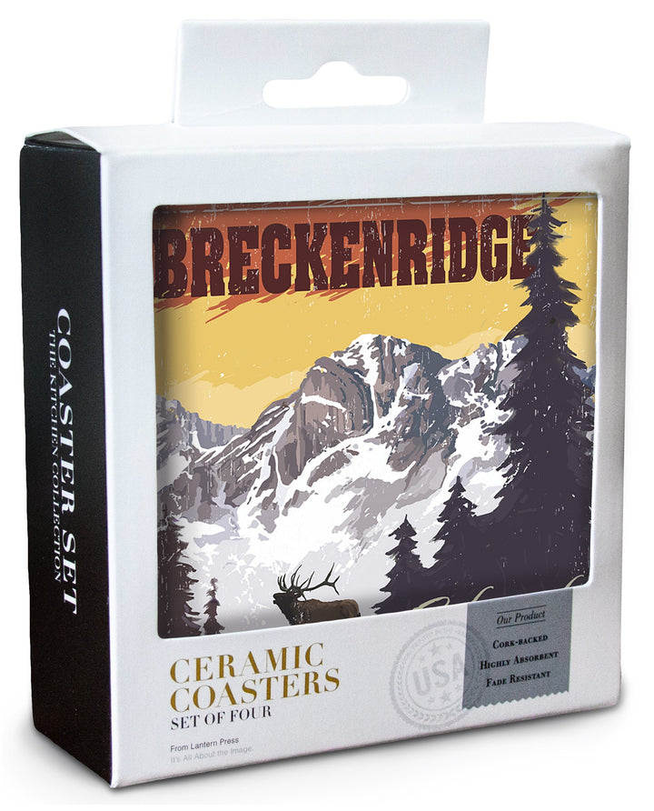 Breckenridge, Colorado, Mountain, Trees, & Elk, Lantern Press Artwork, Coaster Set Coasters Lantern Press 