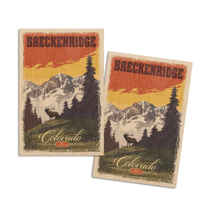 Breckenridge, Colorado, Mountain, Trees, & Elk, Lantern Press Artwork, Wood Signs and Postcards Wood Lantern Press 4x6 Wood Postcard Set 