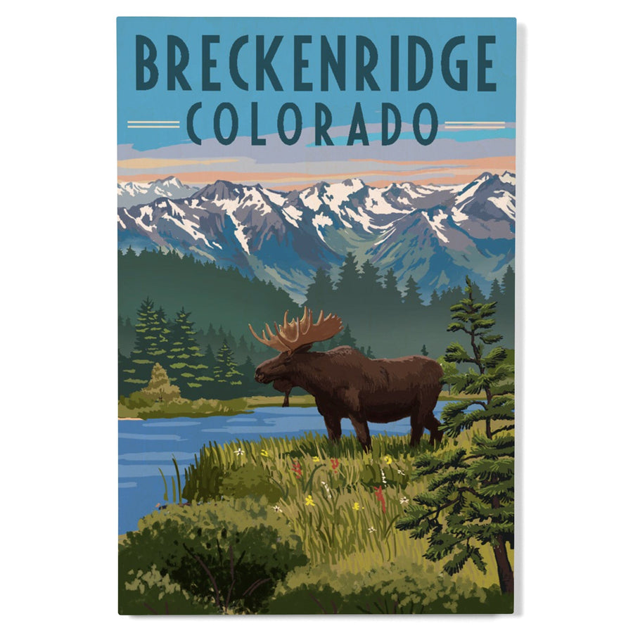 Breckenridge, Colorado, Painterly Series, Moose, Summer Scene, Lantern Press Artwork, Wood Signs and Postcards Wood Lantern Press 