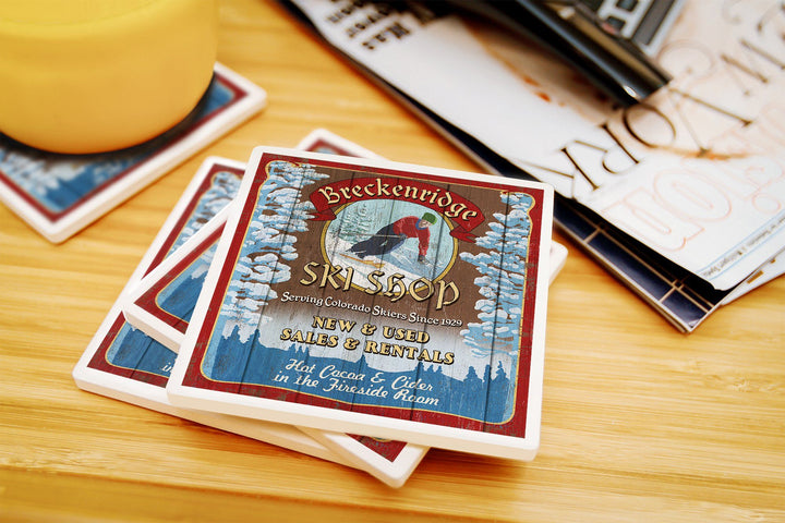 Breckenridge, Colorado, Ski Shop Vintage Sign, Lantern Press Artwork, Coaster Set Coasters Lantern Press 