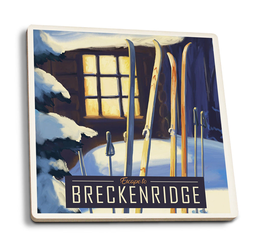 Breckenridge, Colorado, Skis Outside Cabin, Lantern Press Artwork, Coaster Set Coasters Lantern Press 