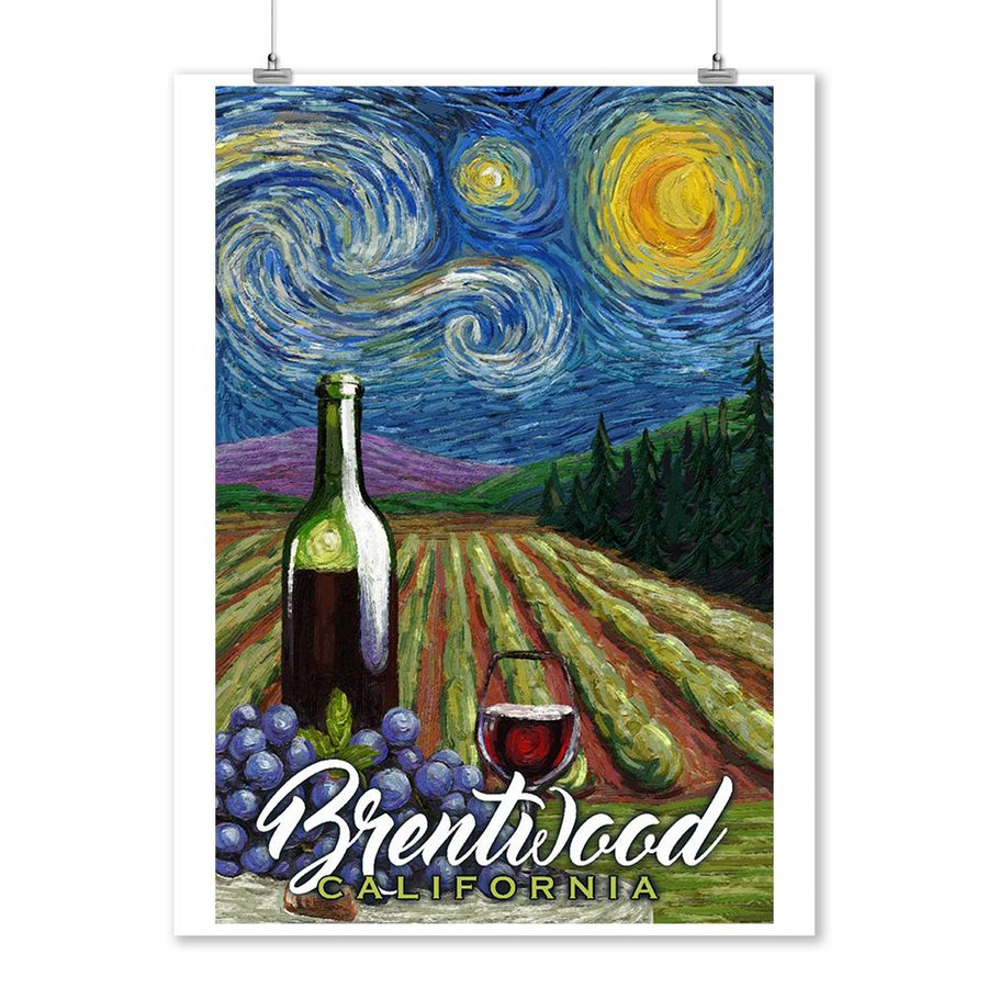 Brentwood, California, Vineyard, Starry Night, Lantern Press Artwork, Art Prints and Metal Signs Art Lantern Press 