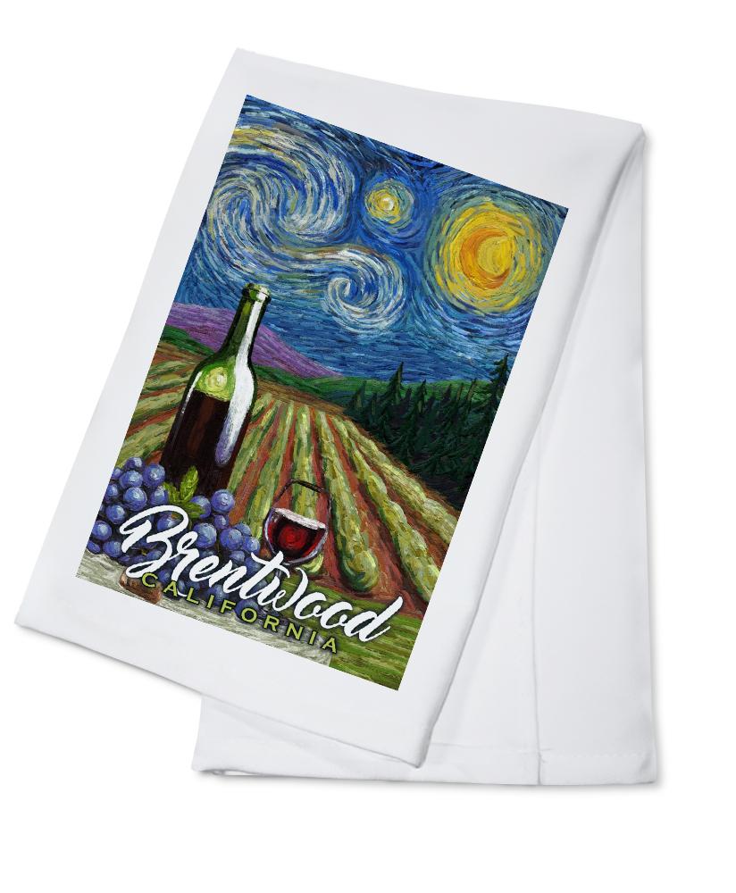 Brentwood, California, Vineyard, Starry Night, Lantern Press Artwork, Towels and Aprons Kitchen Lantern Press Cotton Towel 