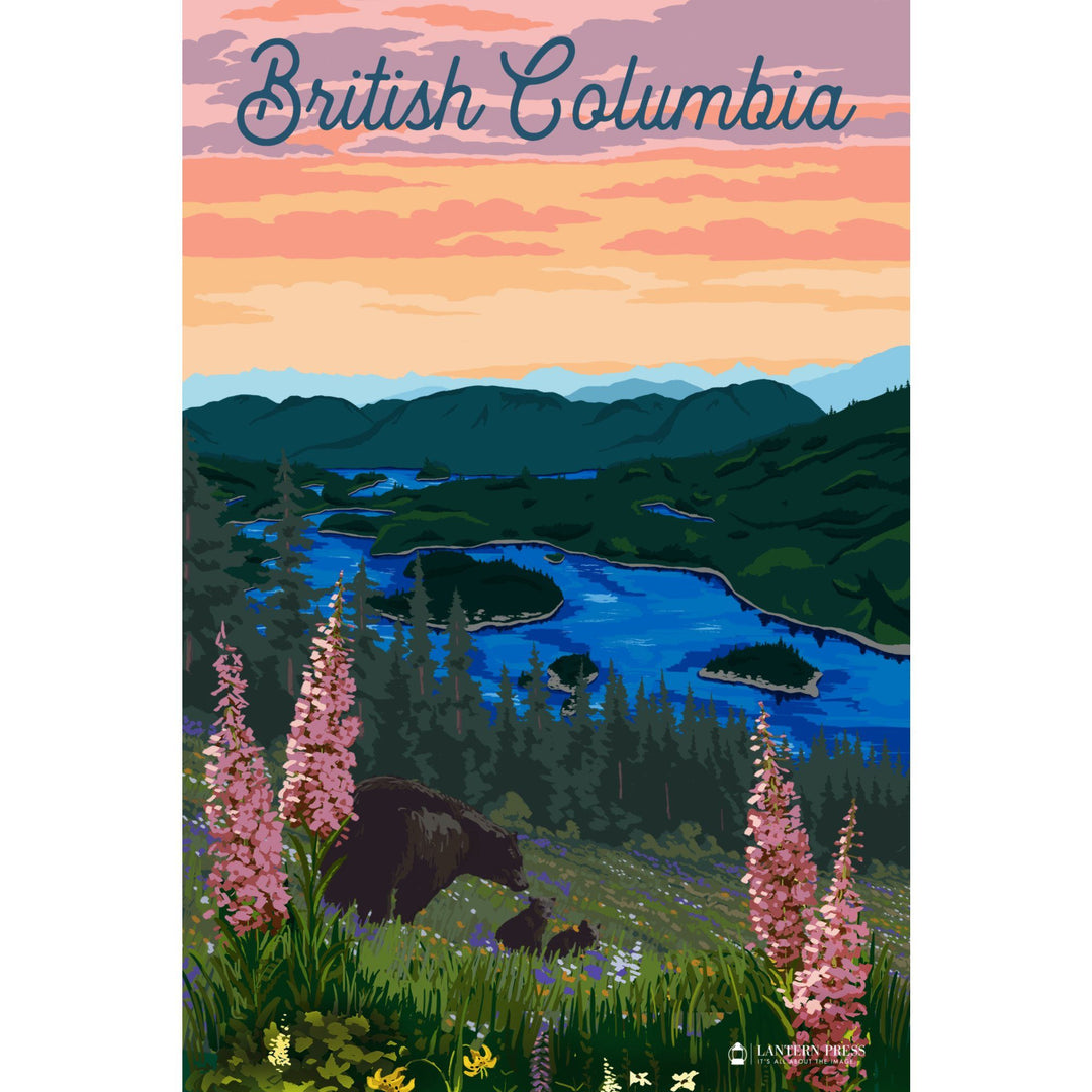 British Columbia, Canada, Bear & Spring Flowers, Lantern Press Artwork, Stretched Canvas Canvas Lantern Press 