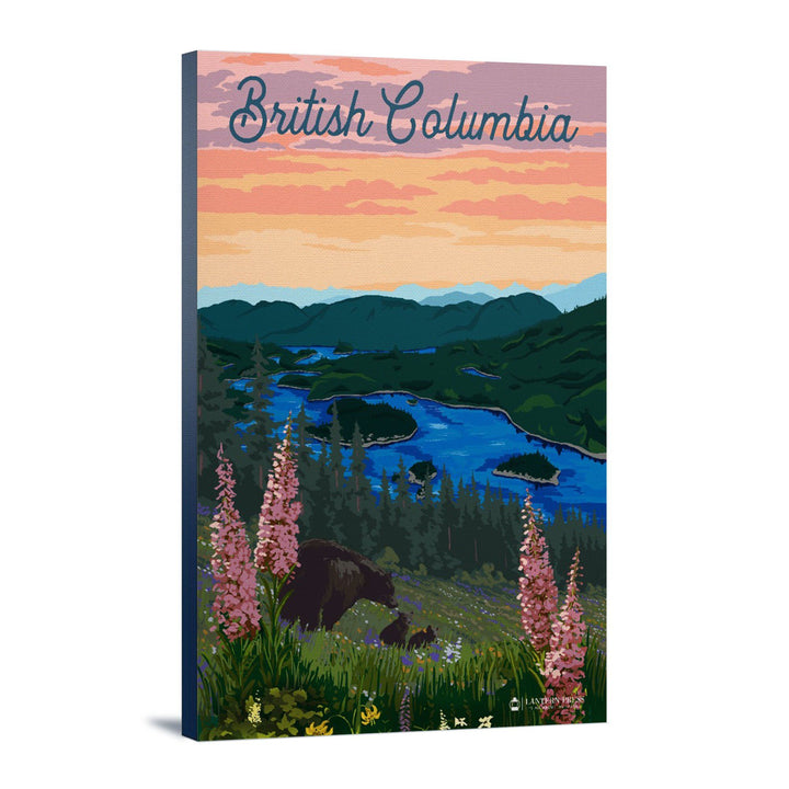 British Columbia, Canada, Bear & Spring Flowers, Lantern Press Artwork, Stretched Canvas Canvas Lantern Press 