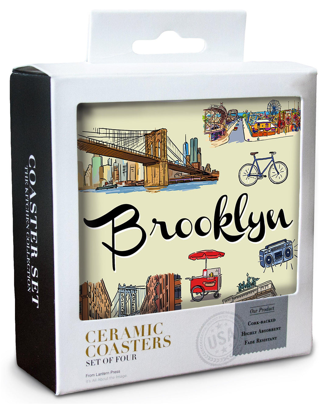 Brooklyn, New York, Landmarks & Icons, Lantern Press Artwork, Coaster Set Coasters Lantern Press 
