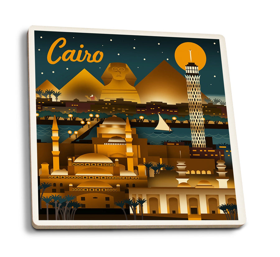 Cairo, Egypt, Retro Skyline, Lantern Press Artwork, Coaster Set Coasters Lantern Press 